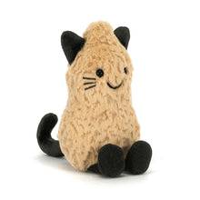 Jellycat Amuseables Peanut Cat – soft plush peanut character dressed in a cat costume with ears and hood, around 15cm. Slightly side view. 