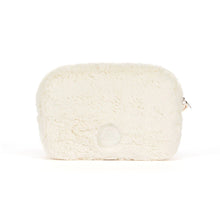 A white faux fur cosmetic pouch shaped like a dog's head, featuring black ears, nose, and eyes, on a solid white background. Behind view. 