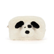 A white faux fur cosmetic pouch shaped like a dog's head, featuring black ears, nose, and eyes, on a solid white background. Front view. 