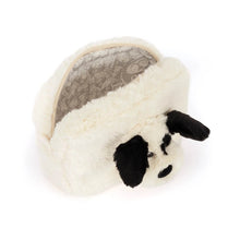 A plush dog-shaped pouch or small bag made of soft faux fur, shown on a plain white background. The exterior is cream white with black ears, nose, and eye details, and the inside lining has a gray patterned print.