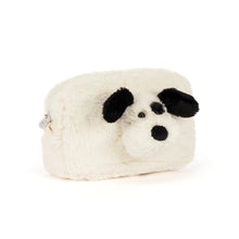 A white faux fur cosmetic pouch shaped like a dog's head, featuring black ears, nose, and eyes, on a solid white background. Slight side view. 