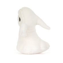 Jellycat Ghost Bob – soft fluffy white plush ghost with a pointed hood, wing-like arms and black eye patches, around 19cm. Side view. 