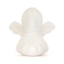 Jellycat Ghost Bob – soft fluffy white plush ghost with a pointed hood, wing-like arms and black eye patches, around 19cm. View from behind. 