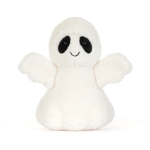 Jellycat Ghost Bob – soft fluffy white plush ghost with a pointed hood, wing-like arms and black eye patches, around 19cm. Front view. 