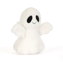 Jellycat Ghost Bob – soft fluffy white plush ghost with a pointed hood, wing-like arms and black eye patches, around 19cm. Slightly side view. 