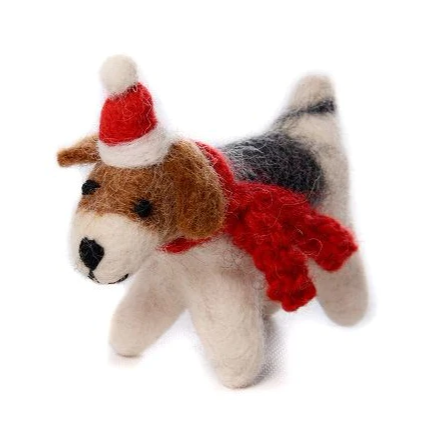Fox Terrier with Hat & Scarf Felt Hanging Decoration