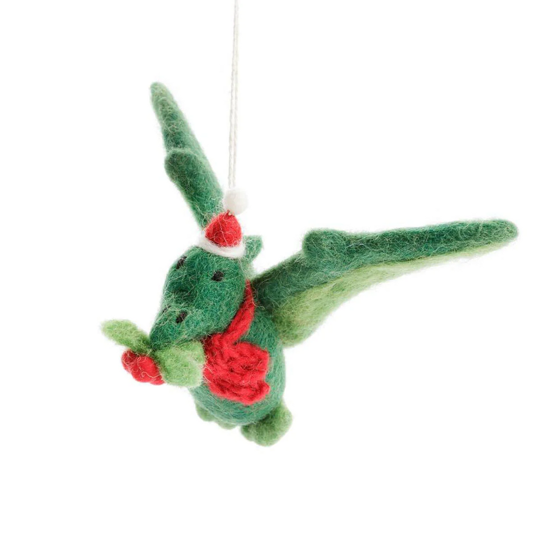 Pterodactyl with Holly Sprig Hanging Felt Decoration