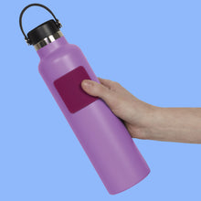 Speks Slabs square static purple sensory sticker on a water bottle