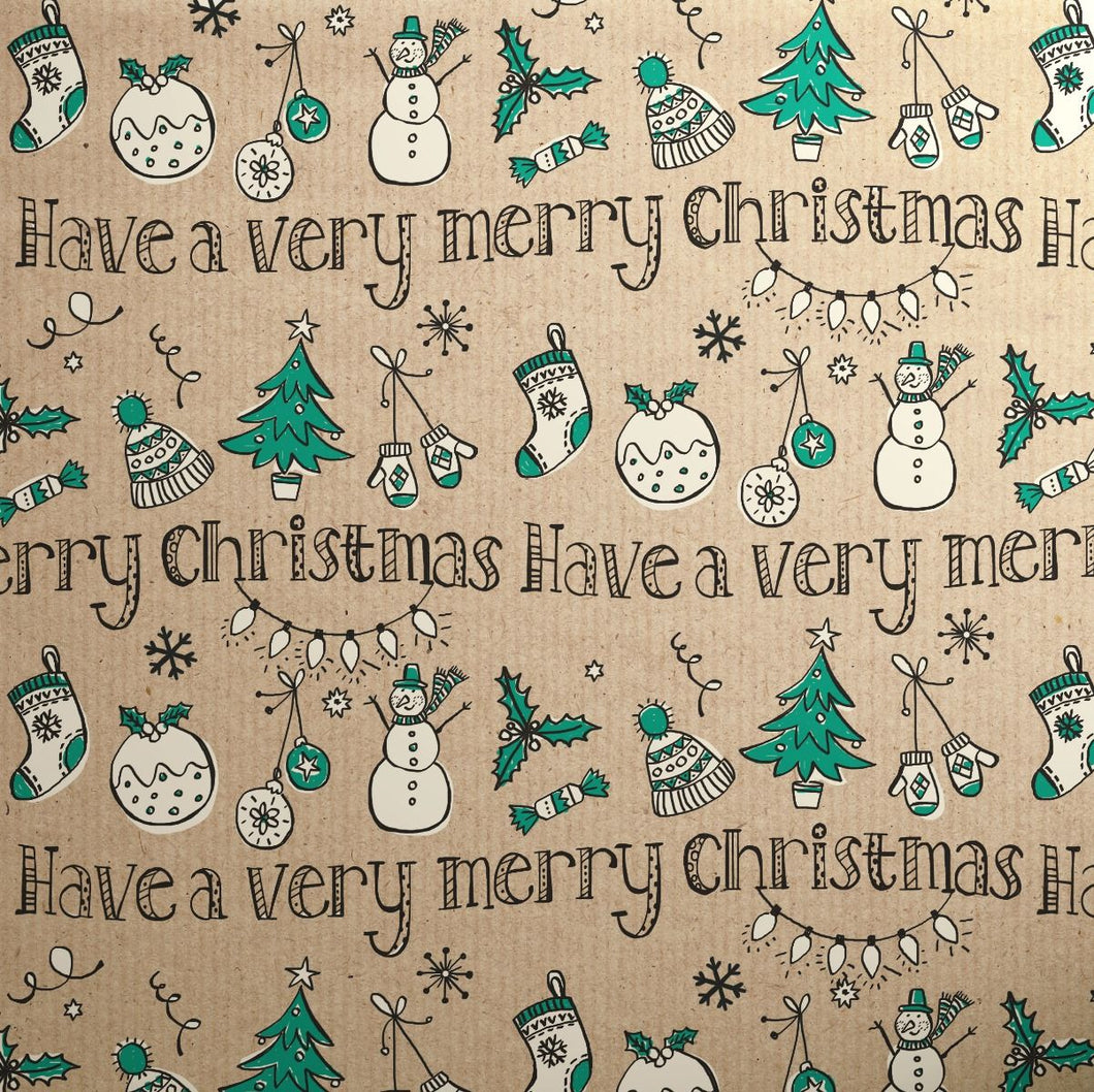 Doodles Merry Kraft Christmas Green 3M Roll Wrap