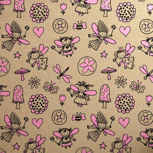 Doodles Pink Fairy Printed Kraft 3M Roll Wrap