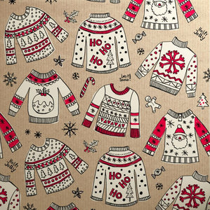 Doodles Red Jumpers Kraft Christmas 3M Roll Wrap