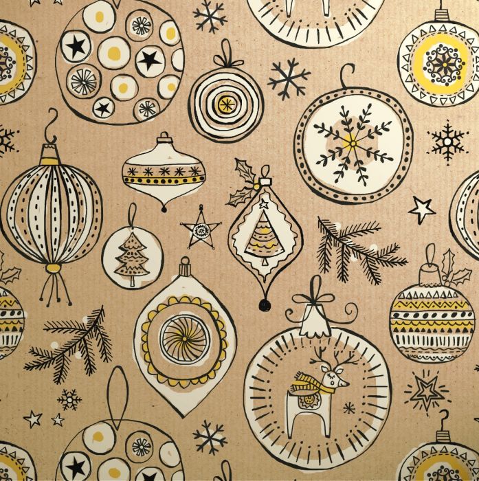Doodles Yellow Baubles Kraft Christmas 3M Roll Wrap