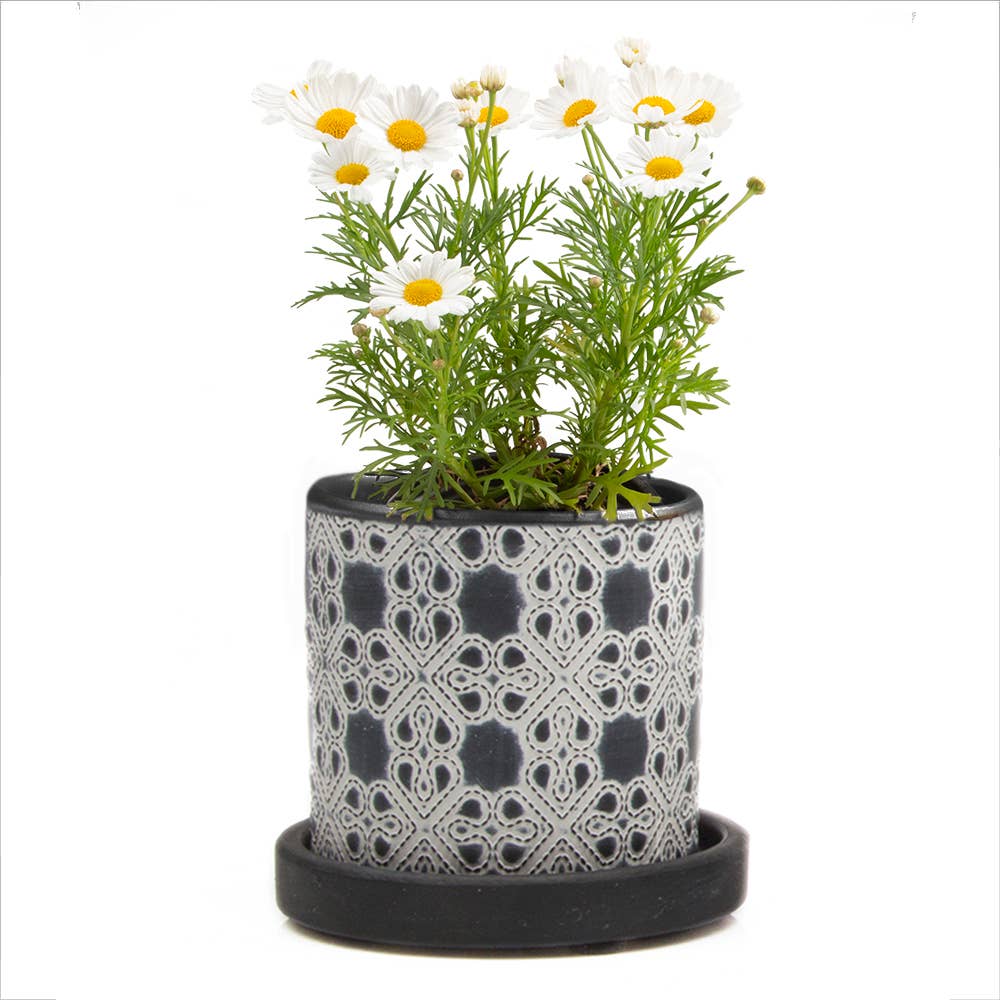 Big Balter Ceramic Pot with Saucer & Drainage Holes - Black Lattice