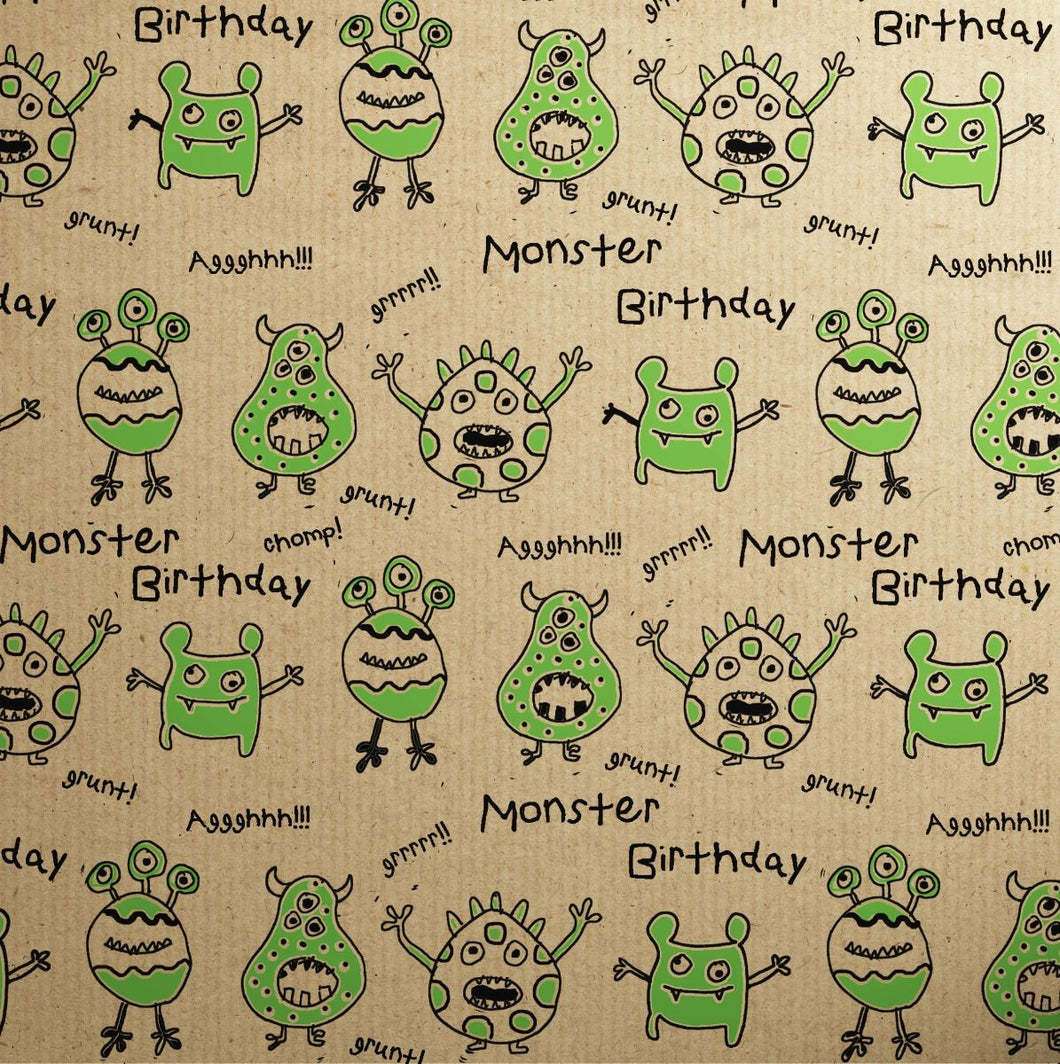 Doodles Green Monsters Kraft Roll Wrap