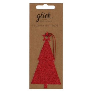 Pack of 6 Red Glitter Christmas Tree Gift Tags