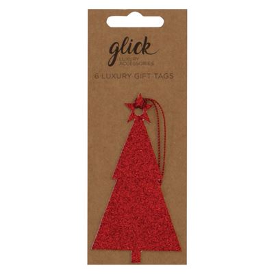 Pack of 6 Red Glitter Christmas Tree Gift Tags
