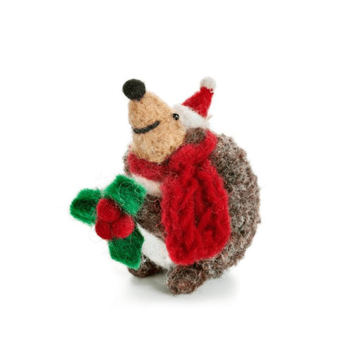 Hedgehog with Holly Hanging Felt Decoration